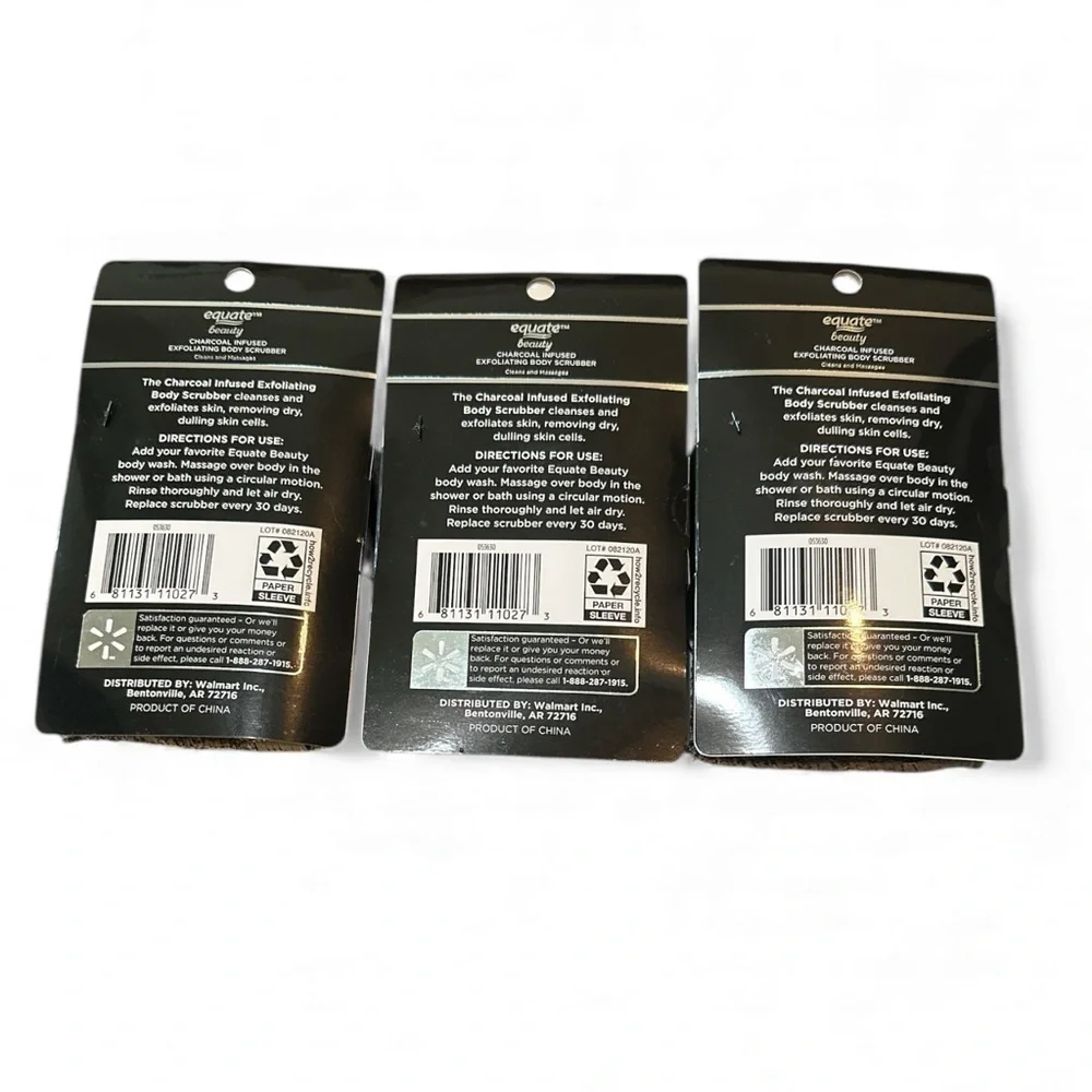 Equate Beauty Charcoal Infused Exfoliating Body Scrubber – 3 Pack | NWT